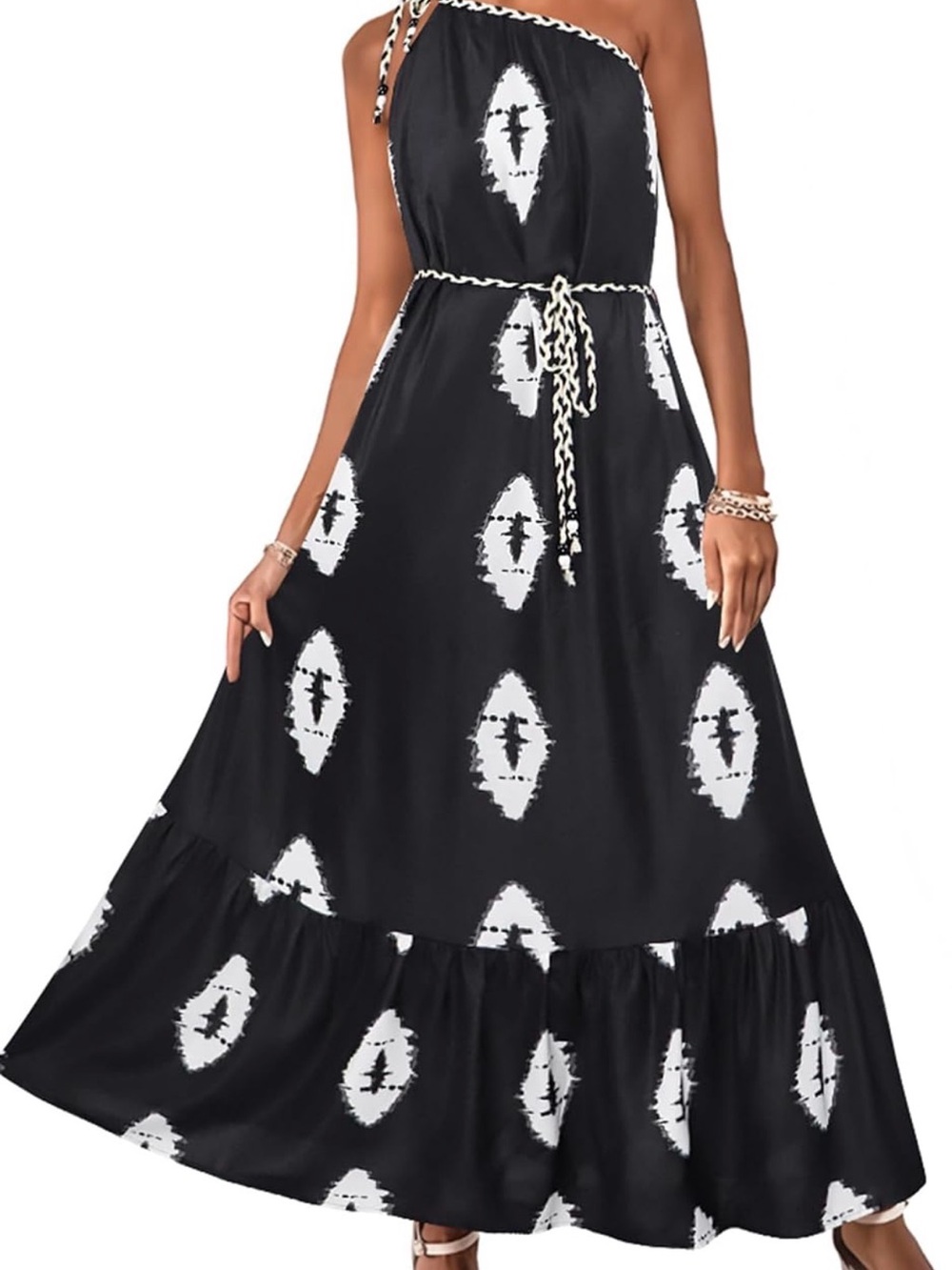 NWT Black One-Shoulder Maxi Dress with White Ikat Print